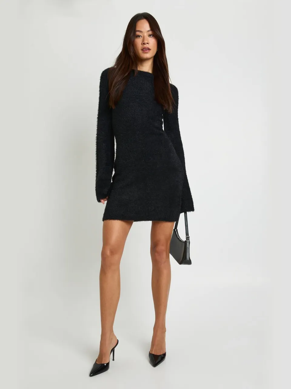boohoo Dames Grote strik rugdetail superzachte gebreide mini-jurk zwart, foto 2