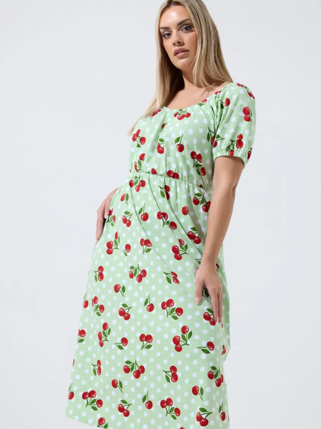 Limited Collection Groene Gingham Bardot Jurk Met Kersenprint Green