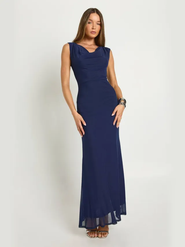 boohoo Dames Maxi-jurk in column-stijl met cowl-hals en gaasstof Marineblauw