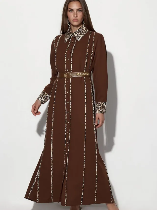MSN Collection Leopardprint Maxi Shirt Jurk Bruin