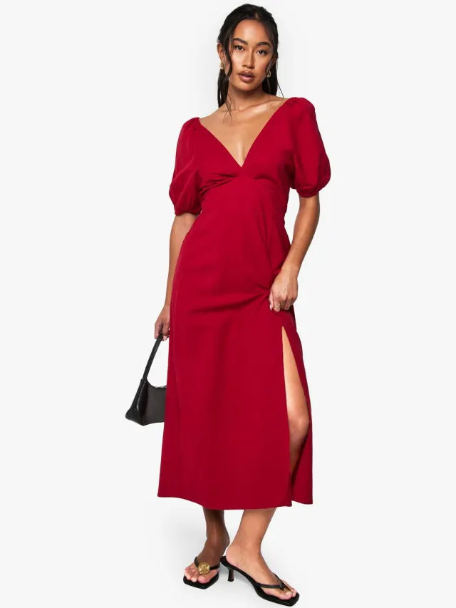 boohoo Dames Linnen jurk met band aan de rug, pofmouwen en midaxi lengte Rood