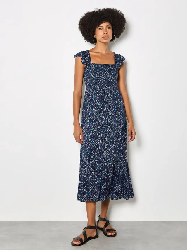 Apricot Midi-jurk met folkbloemenprint en metallic details marine