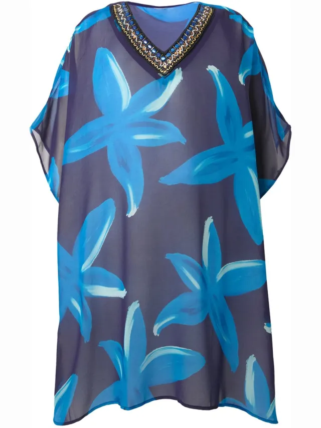 Ulla Popken Dames - Tuniek bloemen versierde V-hals korte mouwen - Donkerblauw - Maat 2+