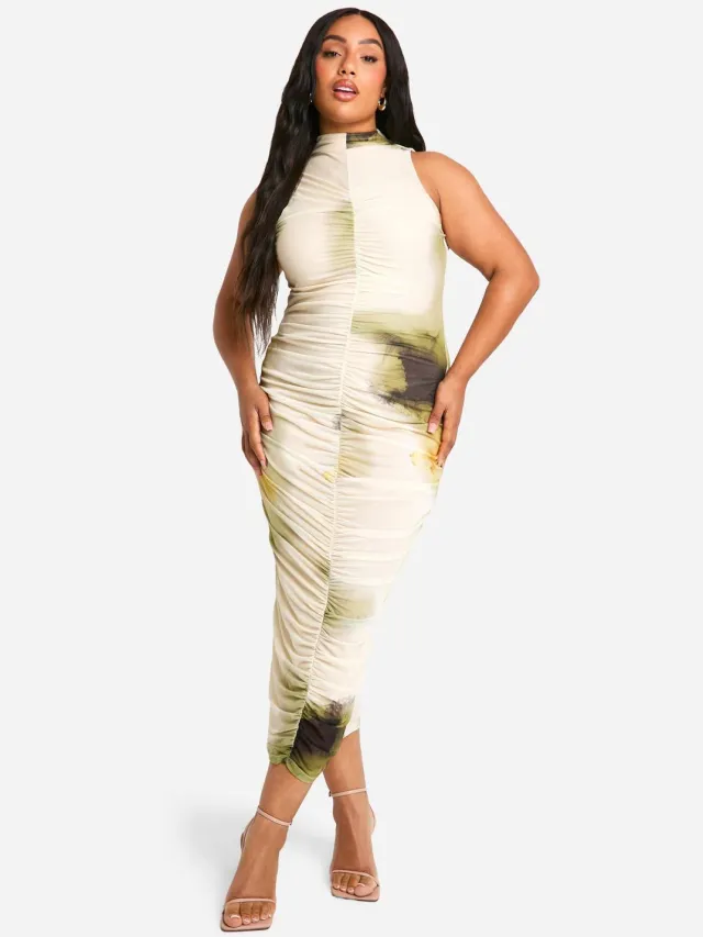 boohoo Dames Plus Abstract Geraffelde Midi-Jurk Multicolor