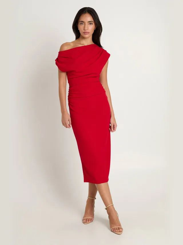 boohoo Dames Crepe Asymmetrische Hals Drape Midi Jurk Rood
