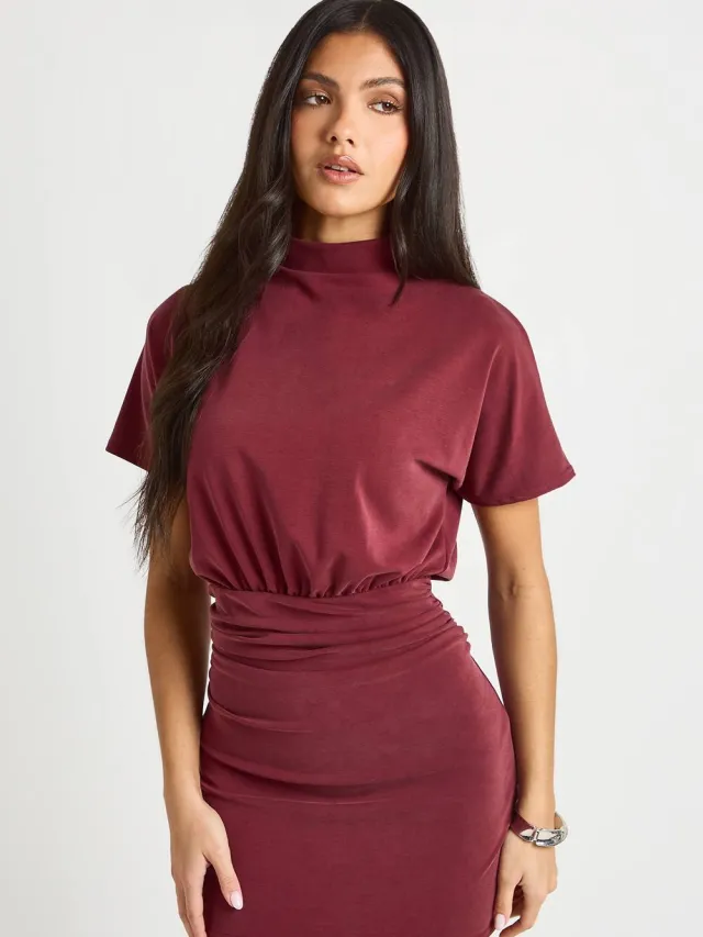 boohoo Dames Super Zachte Mini Jurk Met Hoge Hals En Gerimpelde Rok Bessen