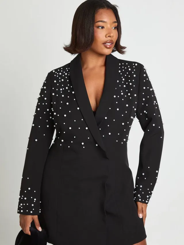 boohoo Dames Plus Parel Versierde Blazerjurk Zwart
