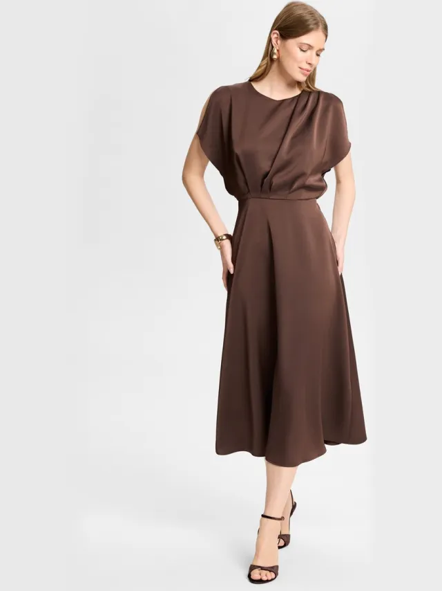 Swing Cocktailjurk Dames – Midi – Open Schouders – Bruin – Maat 50 /