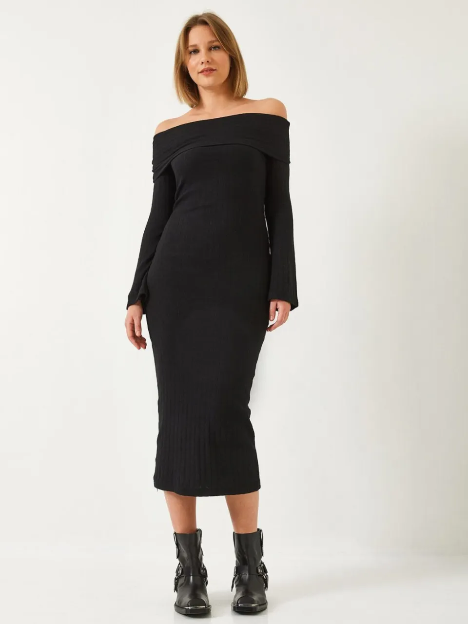 Bianco Lucci Strapless Geribbelde Midi Dress zwart, foto 2