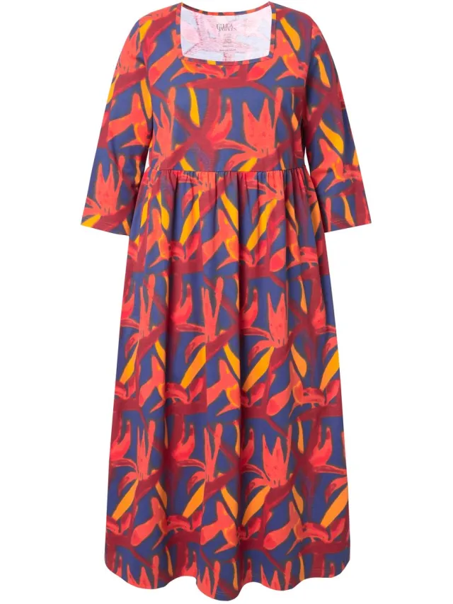 Ulla Popken Dames - Jersey jurk A-lijn carréhals 3/4-mouw - Zwart - Maat 66+