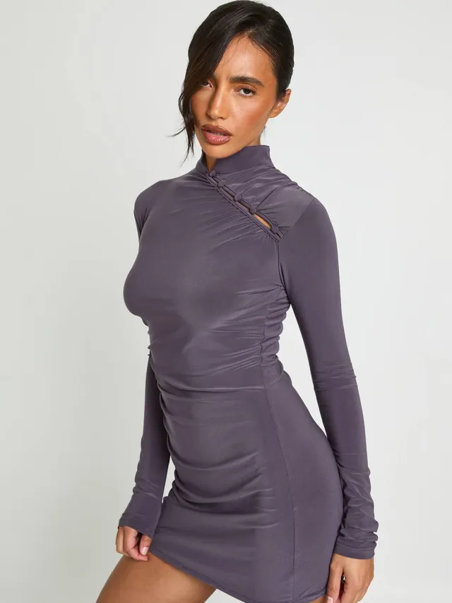 boohoo Dames Mini-jurk Met Hoge Hals, Knoopdetail En Plooien mauve, foto 2