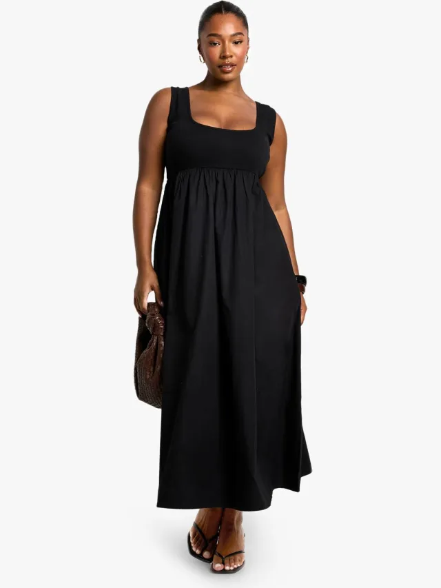 boohoo Dames Plus Geribbelde Katoenen Popeline Midaxi Smockjurk Zwart