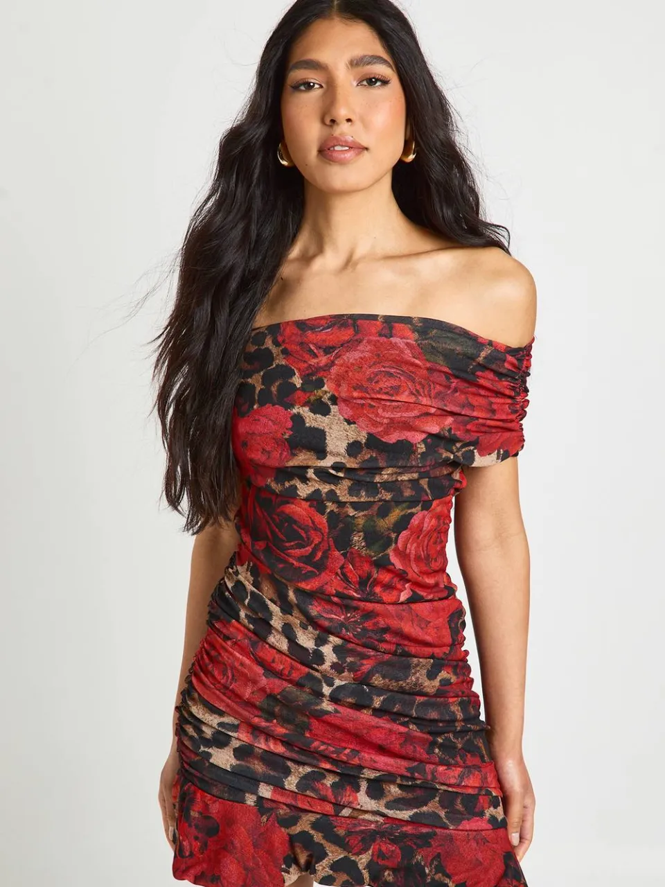boohoo Dames Tall Leopard Bloemen Asymmetrische Gerimpelde Mini Jurk luipaardprint, foto 3