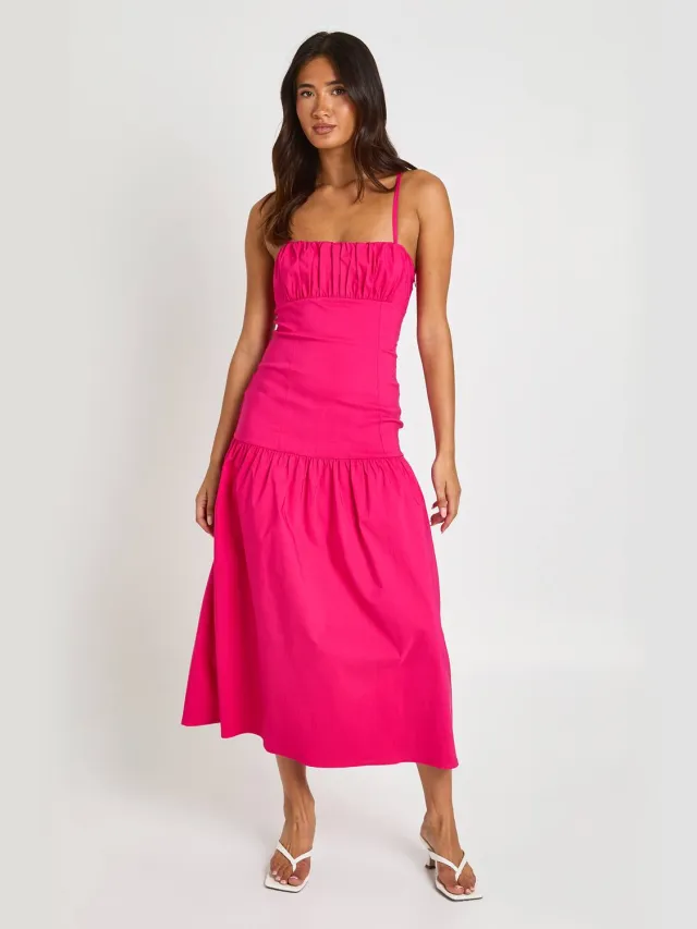 boohoo Dames Bengaline Jurk Met Gerimpelde Buste En Verlaagde Taille Detail In Midaxi Lengte Felroze