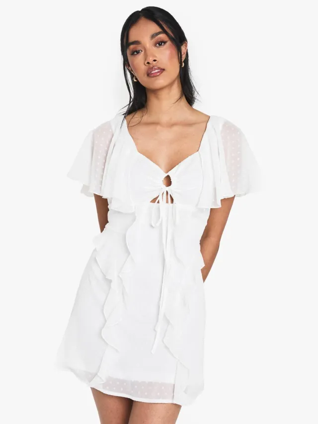 boohoo Dames Dobby Chiffon Ruffle Mini Jurk Ivoor