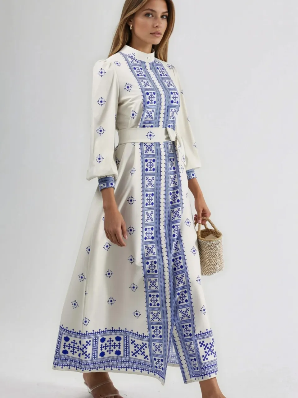 MSN Collection Mandarijnkraag Geometrisch Gepaneeld Maxi-jurk blauw, foto 2