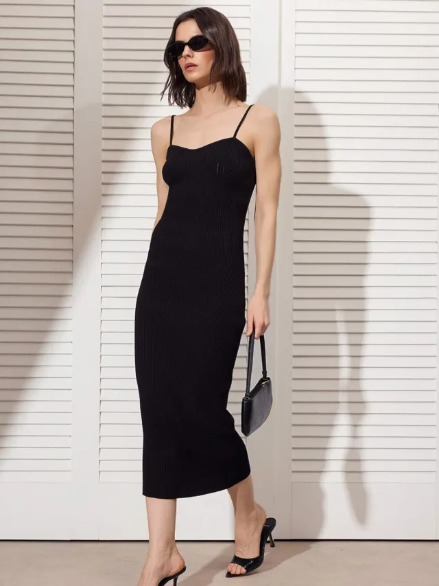 Trendyol TRENDYOLMİLLA Dames Zwart Effen Midi Mouwloos Avond / Dagelijks Bodycon Jurken