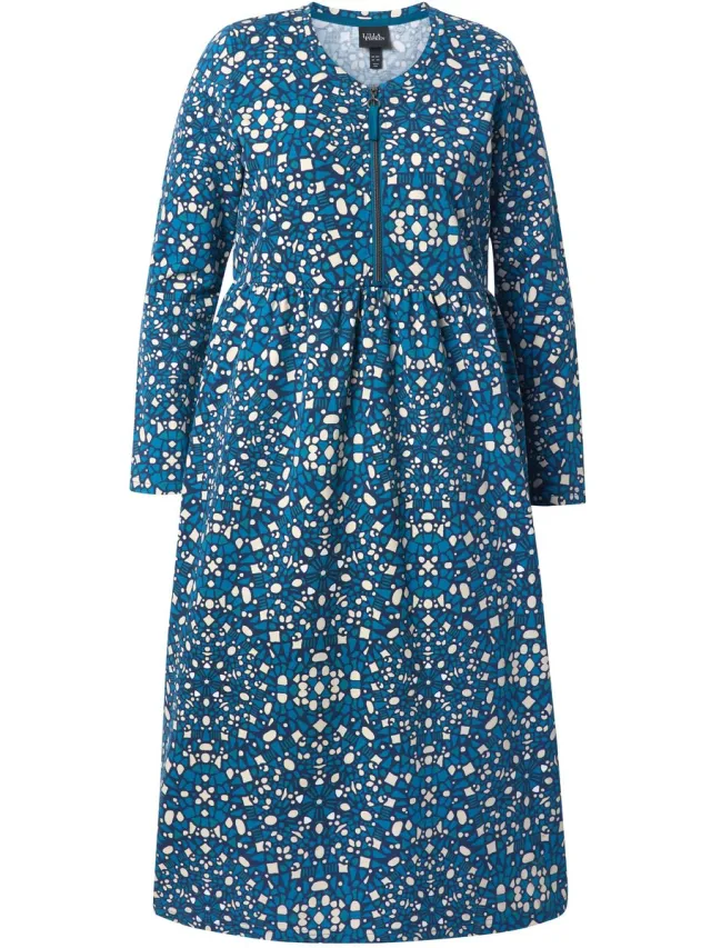 Ulla Popken Dames - Midi-sweatjurk rits A-lijn ronde hals lange mouwen - Petrol - Maat 42+