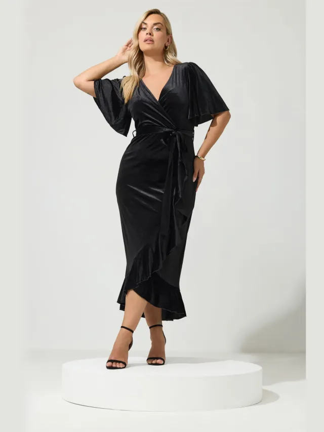 Yours London Zwarte Fluwelen Wikkeljurk Black