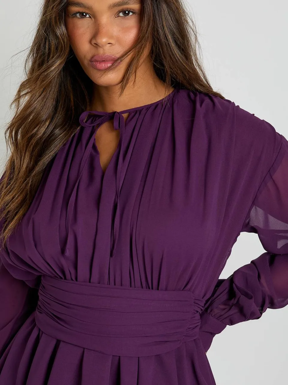 boohoo Dames Chiffon lange mouw skaterjurk pruim, foto 4