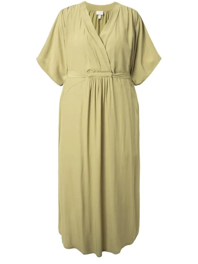 Ulla Popken Dames - Maxi-overhemdjurk wikkellook V-hals korte mouwen - Licht kaki - Maat 54+