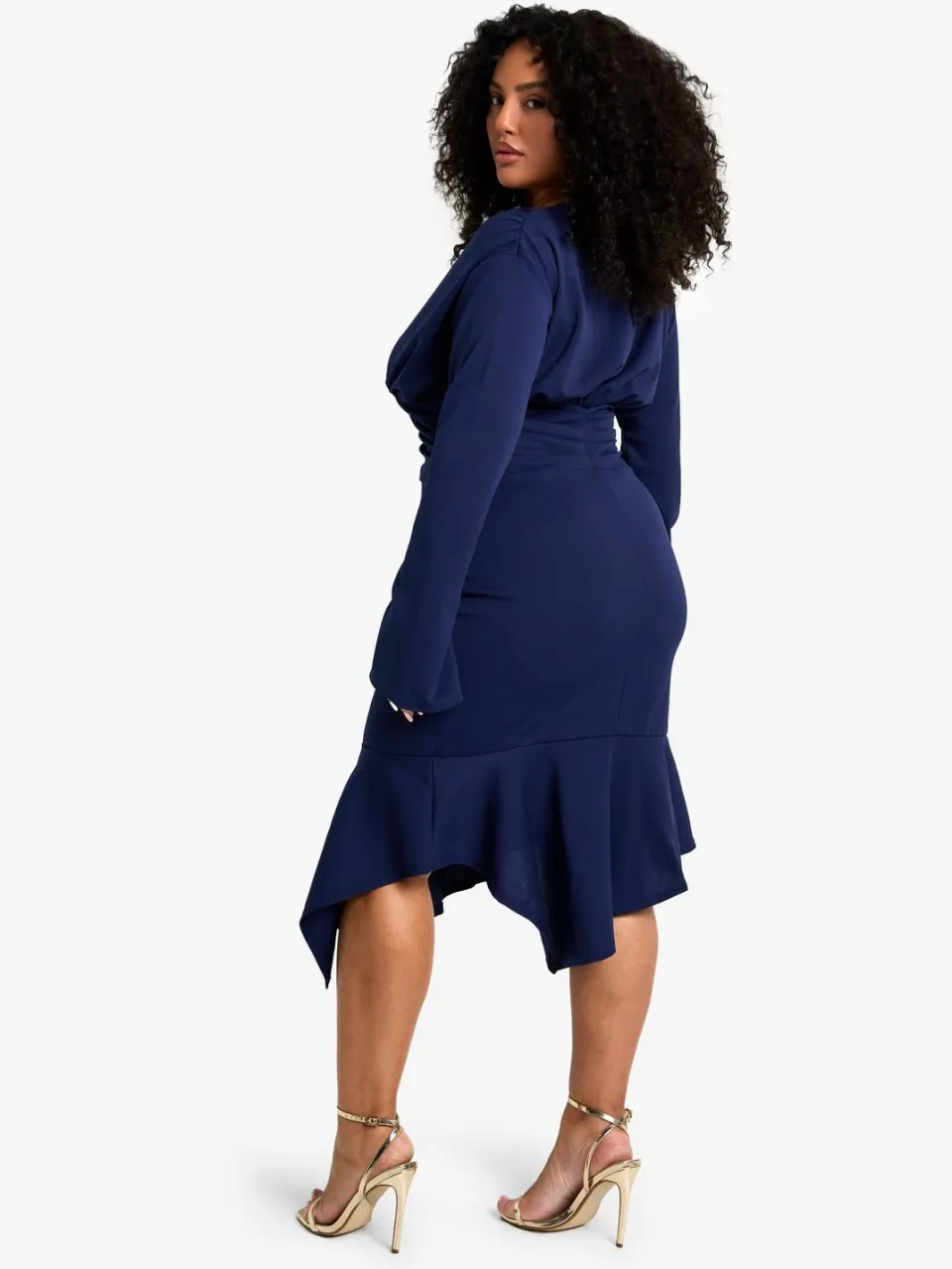 boohoo Dames plus asymmetrische plunge midi-jurk marineblauw, foto 2