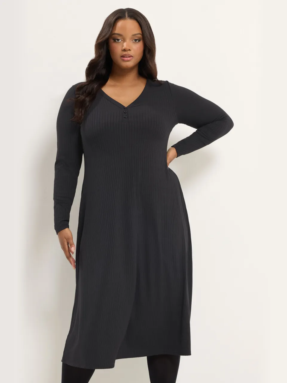 Yours Zwarte Geribbelde Henley Jurk, foto 2