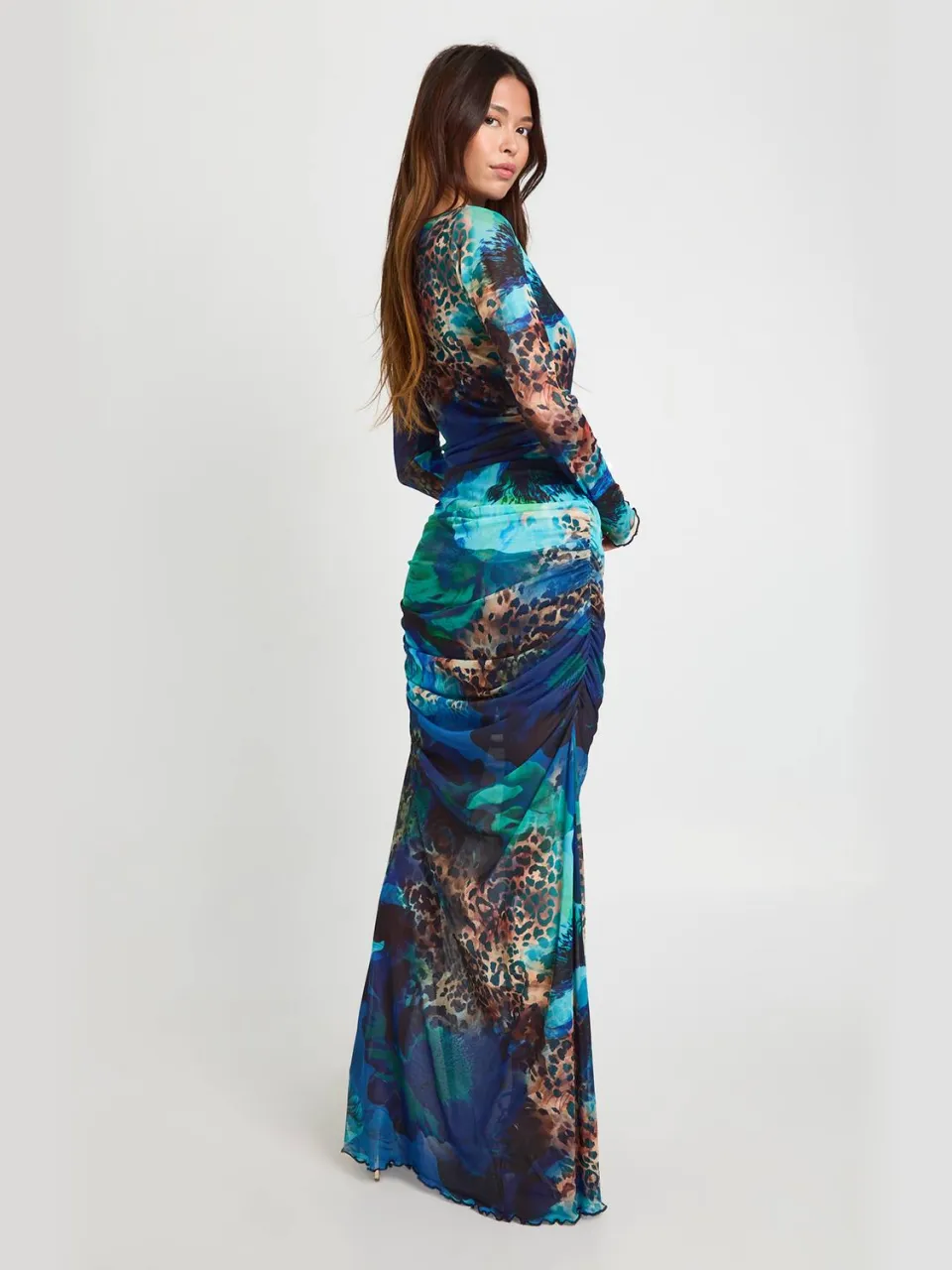 boohoo Dames Gemengde dierenprint geraffineerde mesh maxi-jurk kobaltblauw, foto 2