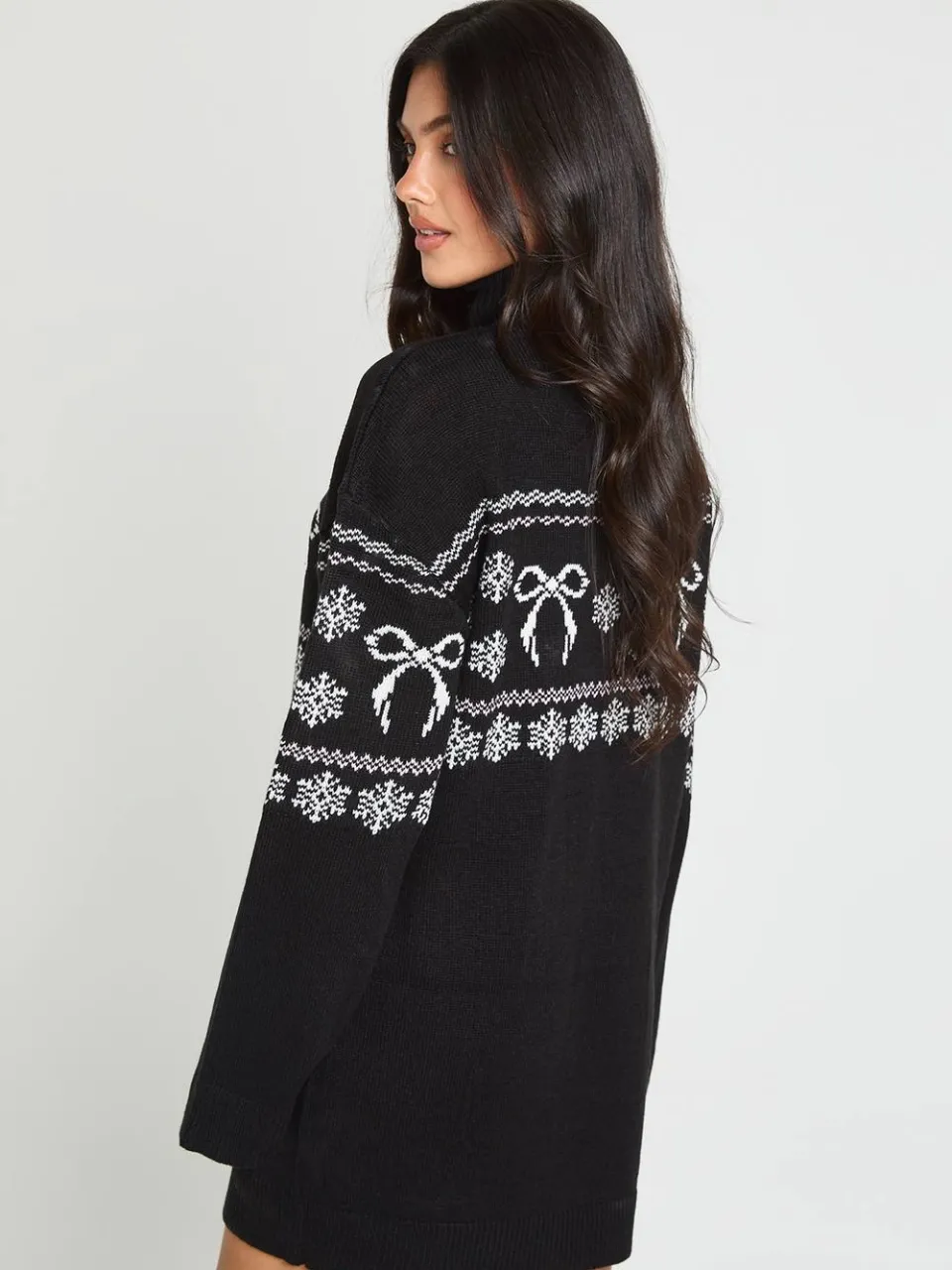 boohoo Dames Zwangerschaps Kerstjurk Met Rolkraag En Strikjes In Fairisle-breisel zwart, foto 3