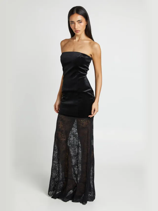 boohoo Dames Fluwelen Bandeau Hotfix Kanten Maxi Jurk Zwart