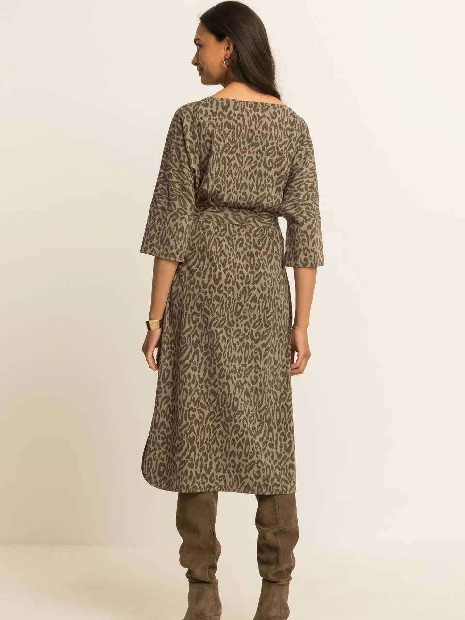 Expresso travelstof midi jurk met panterprint - bruin