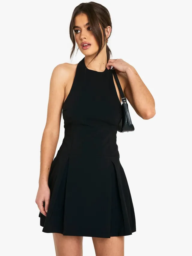 boohoo Dames Bengaline Halter Skater Jurk Zwart
