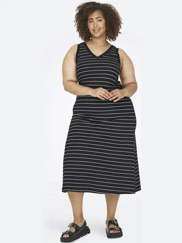 Only Carmakoma CARBLOOM MAY S/L CALF V-NE DRESS JRS - Dames - Maxi jurken Black;Cloud Dancer (Nadia)