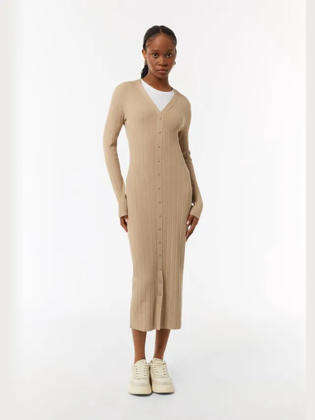 Comma female - Geribde midi-jurk met decoratieve knoopsluiting zandsteen