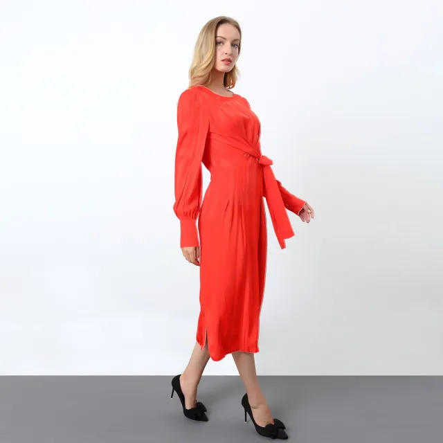 Smart & Joy Gedrapeerde jurk met lange mouwen en touw aan de zijkant rood, foto 2