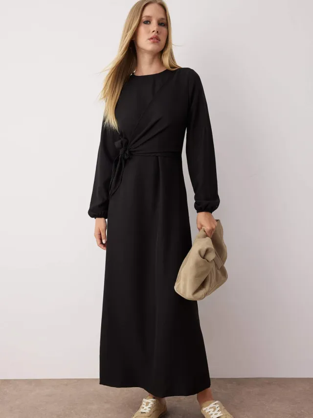 Trendyol Modest Dames Zwart Effen Maxi Lang Casual Double-breasted Modest Jurken