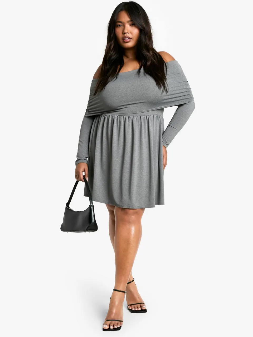 boohoo Dames Plus Jersey Off Shoulder Skater Jurk grijze mergel, foto 3