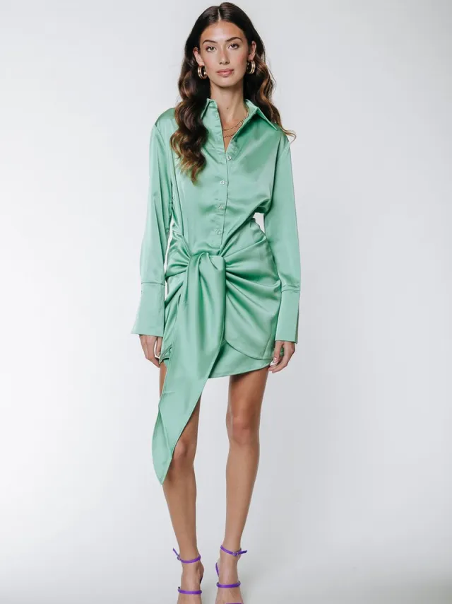 Colourful Rebel Mette Uni Satin Knotted Shirt Dress Mint