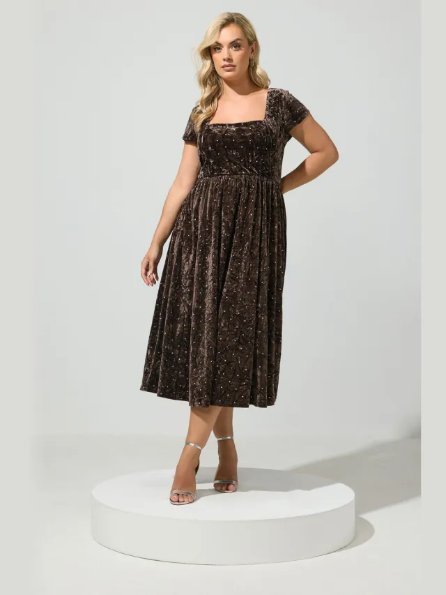 Yours Chocoladebruine Skaterjurk Van Gekreukt Fluweel Met Glitters Brown