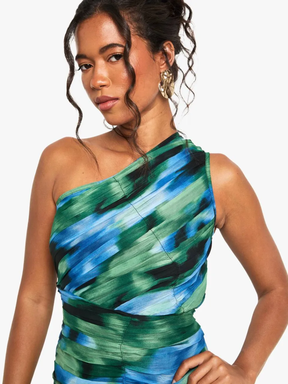 boohoo Dames Abstract bedrukte geplooide one-shoulder mini-jurk blauw, foto 4
