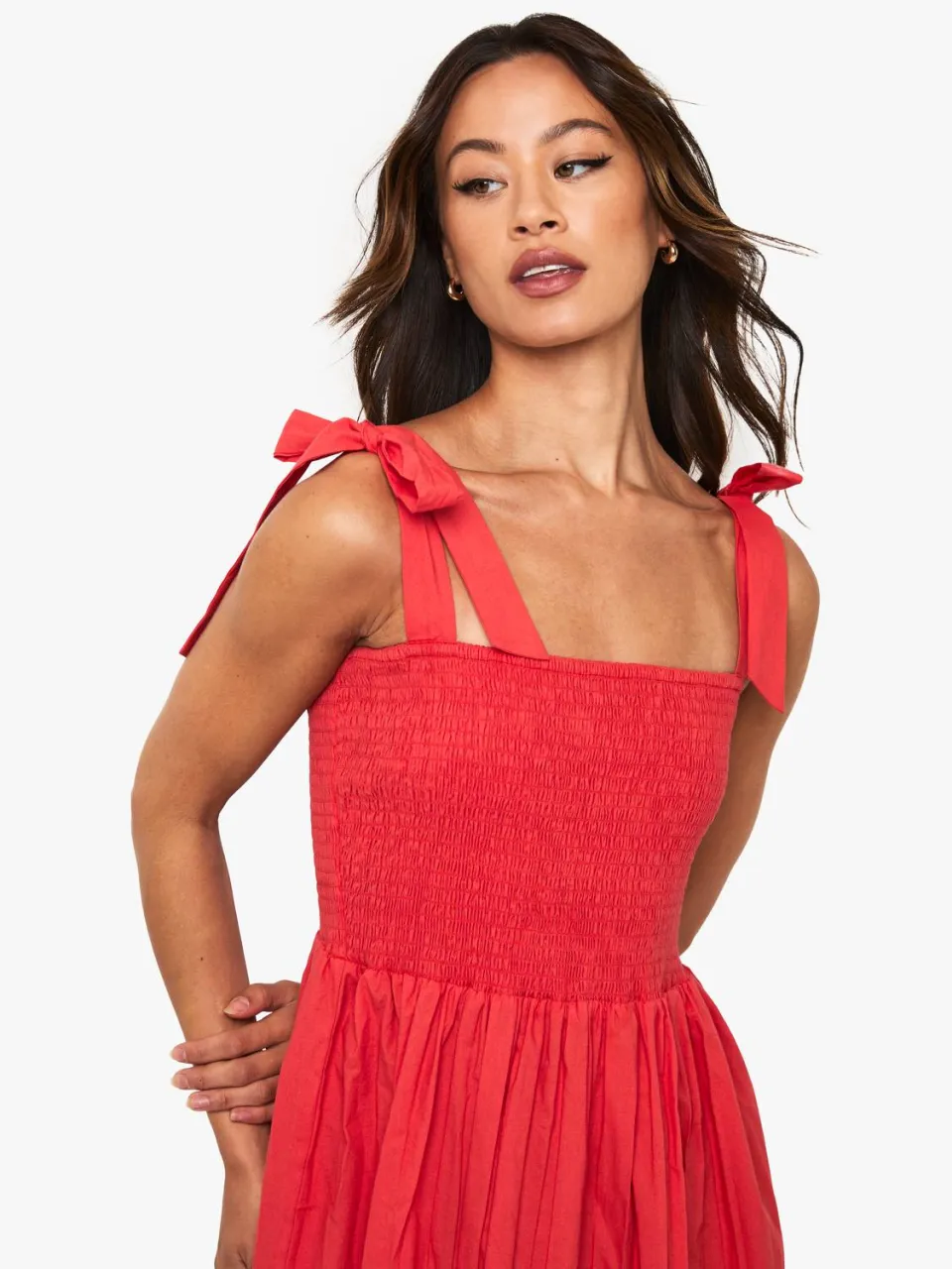 boohoo Dames Lange strikband gerimpelde popeline maxi-jurk rood, foto 2