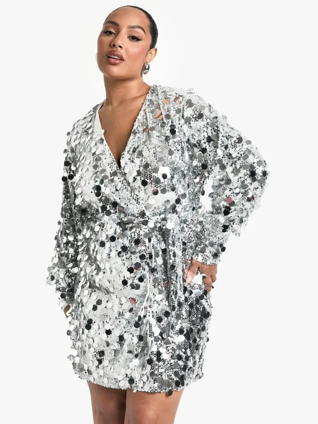 boohoo Dames Plus Sequin Wrap Jurk Zilver