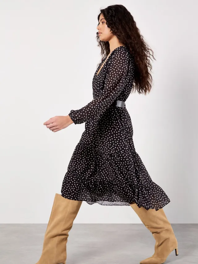 Apricot Polka Dot Chiffon Wrap Midi Dress Zwart