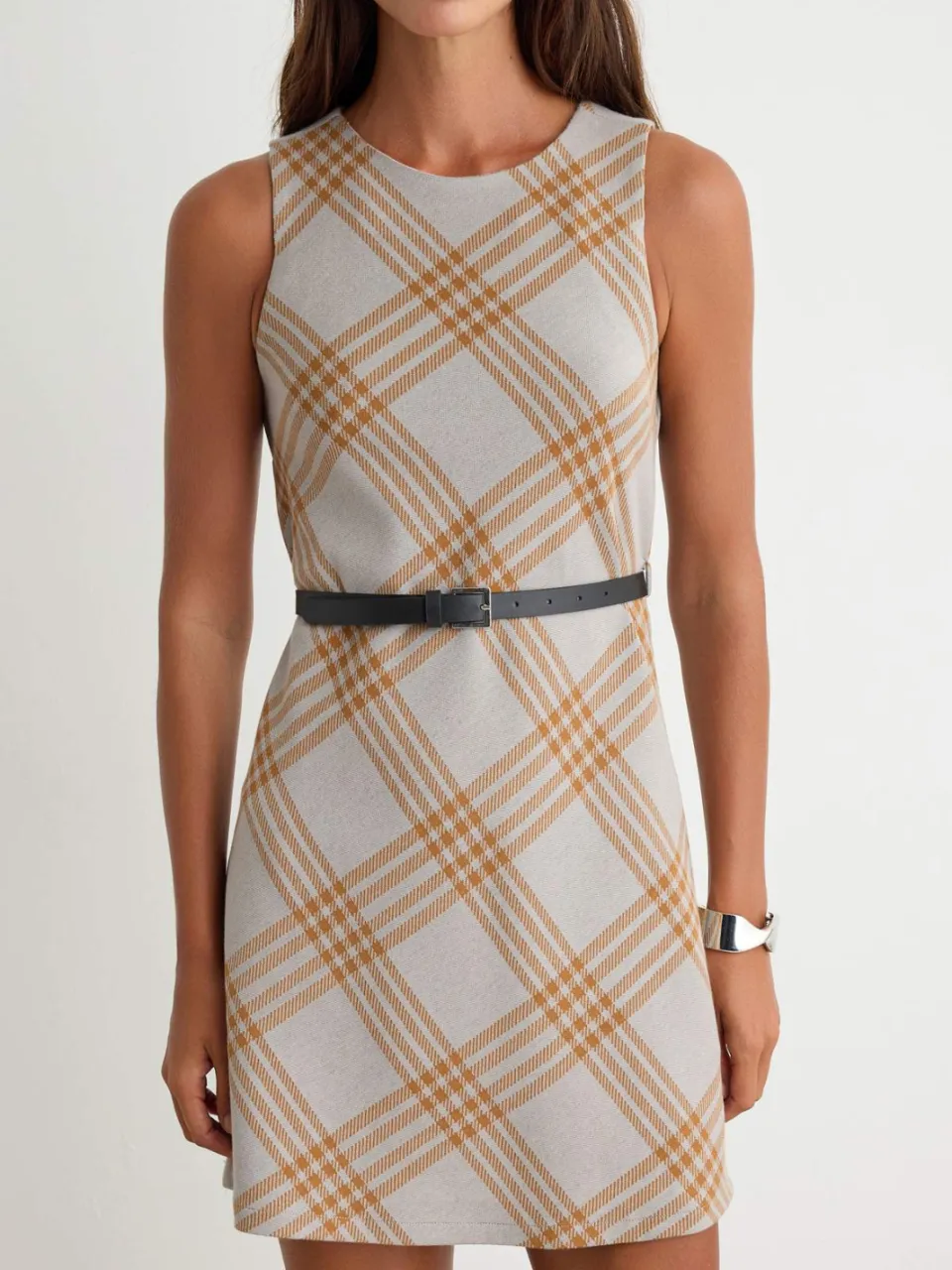 Trendyol TRENDYOLMİLLA Dames Geruit Kort / Mini Mouwloos A-lijn Jurken beige, foto 2