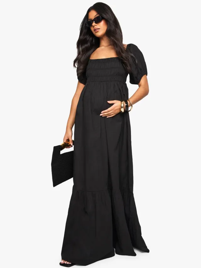 boohoo Dames ZWANGERSCHAPSKOUWEN POPELINE MAXI-JURK MET POFMOUWEN Zwart