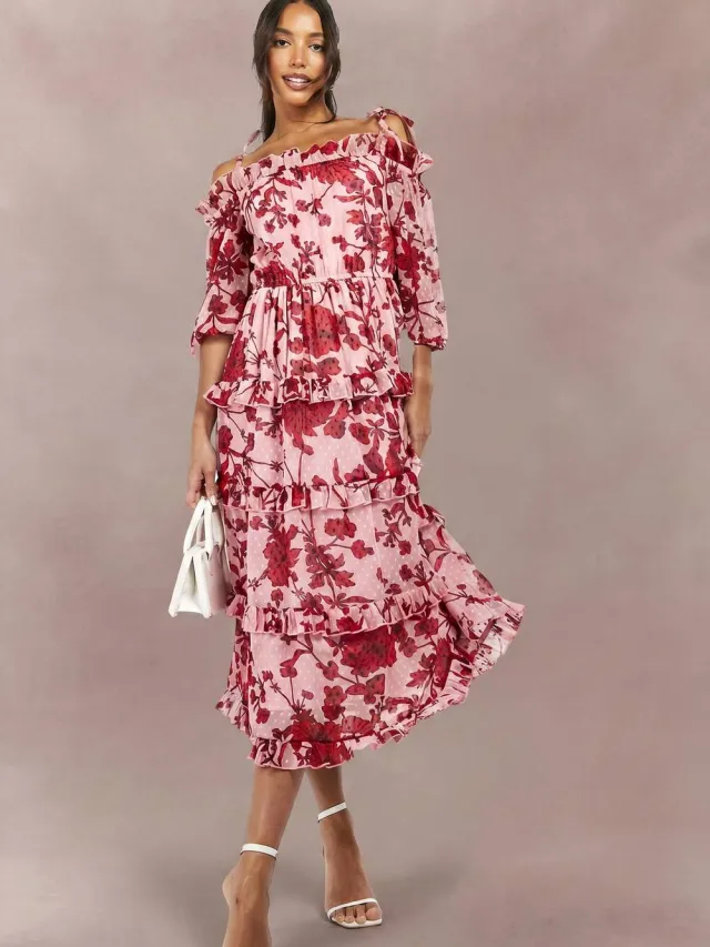 boohoo Dames Hoge Bloemrijke Dobby Cold Shoulder Gelaagde Midi Skater Jurk Roze