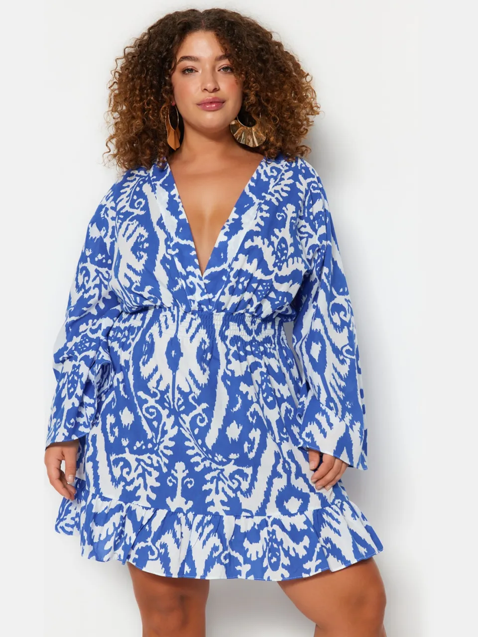 Trendyol Curve Dames Blauw Etnisch patroon Kort / Mini Lang Strandkleding Skater Grote maten Jurk, foto 2
