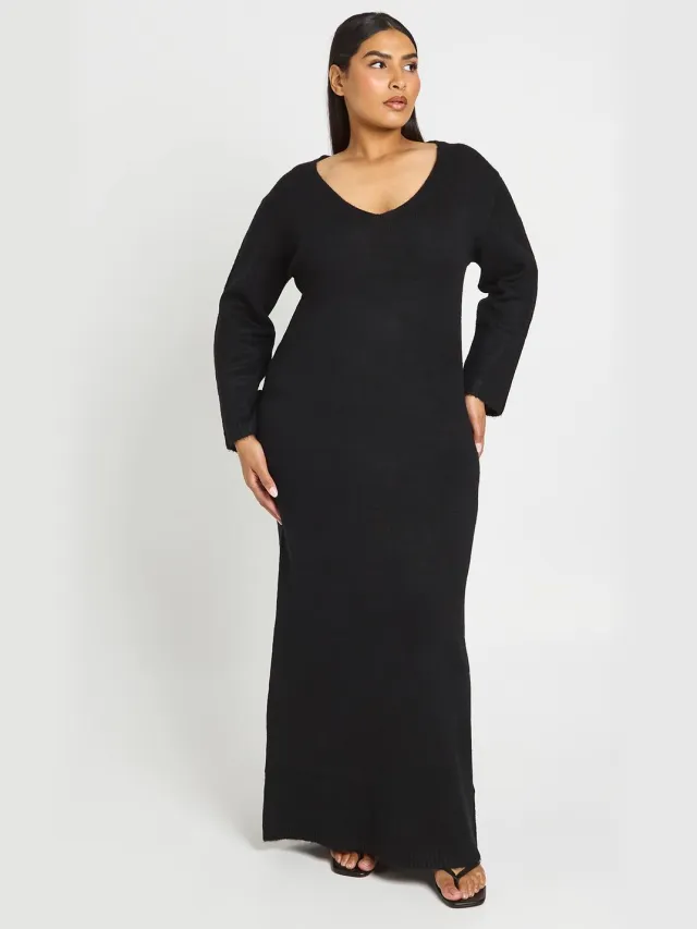 boohoo Dames Plus V-hals Gebreide Maxi Jurk Met Lange Mouwen zwart
