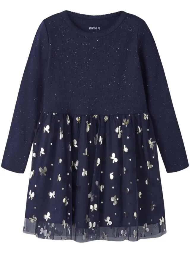 NAME IT MINI gebreide midi A-lijn jurk met print - marineblauw