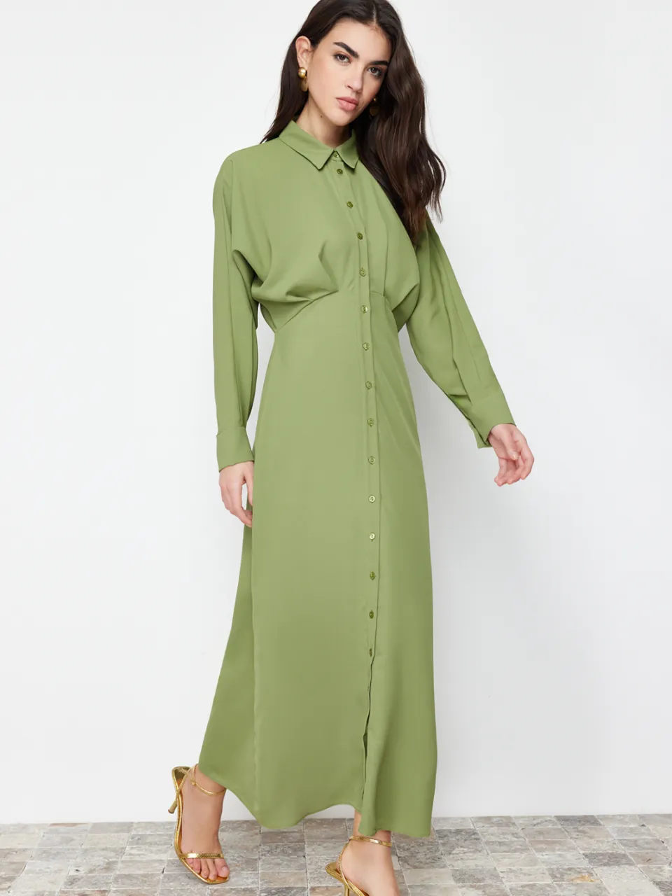 Trendyol Modest Dames Kaki Effen Maxi Lang Casual Blousejurk Modest Jurken, foto 2